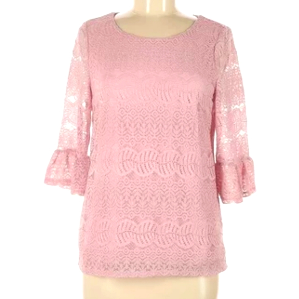 Adrianna papell pink lace bell sleeve top blouse sz small *D3